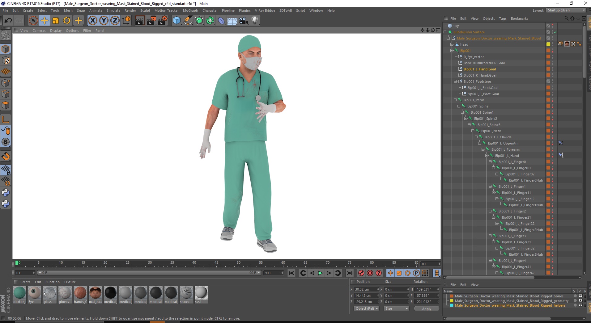 Male Surgeon Doctor wearing Mask Stained Blood Rigged for Cinema 4D 3D