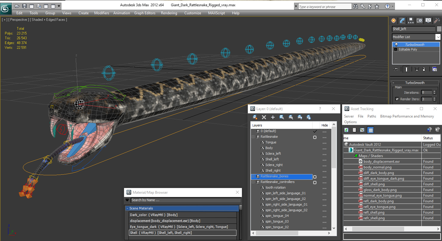 3D Giant Dark Rattlesnake Rigged for Maya model