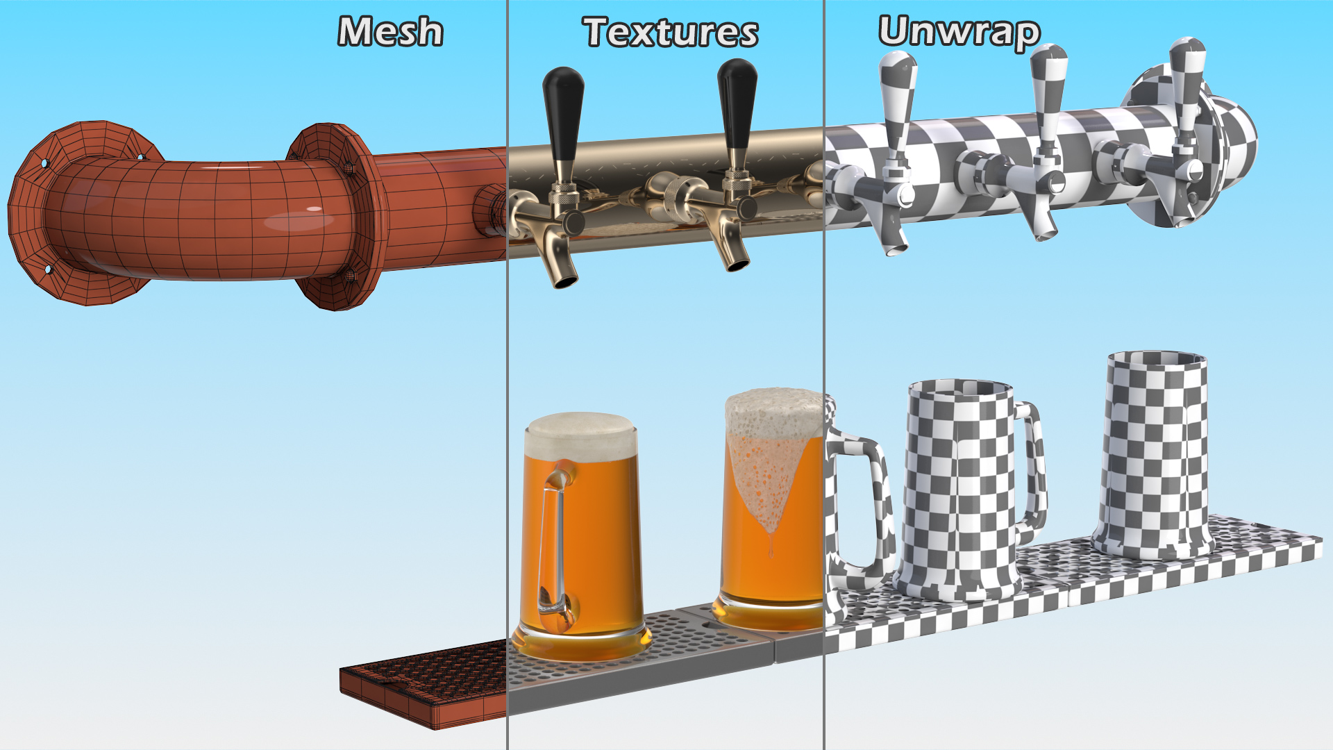 Rail Draft Brass Beer Tower with Beer Mugs 3D