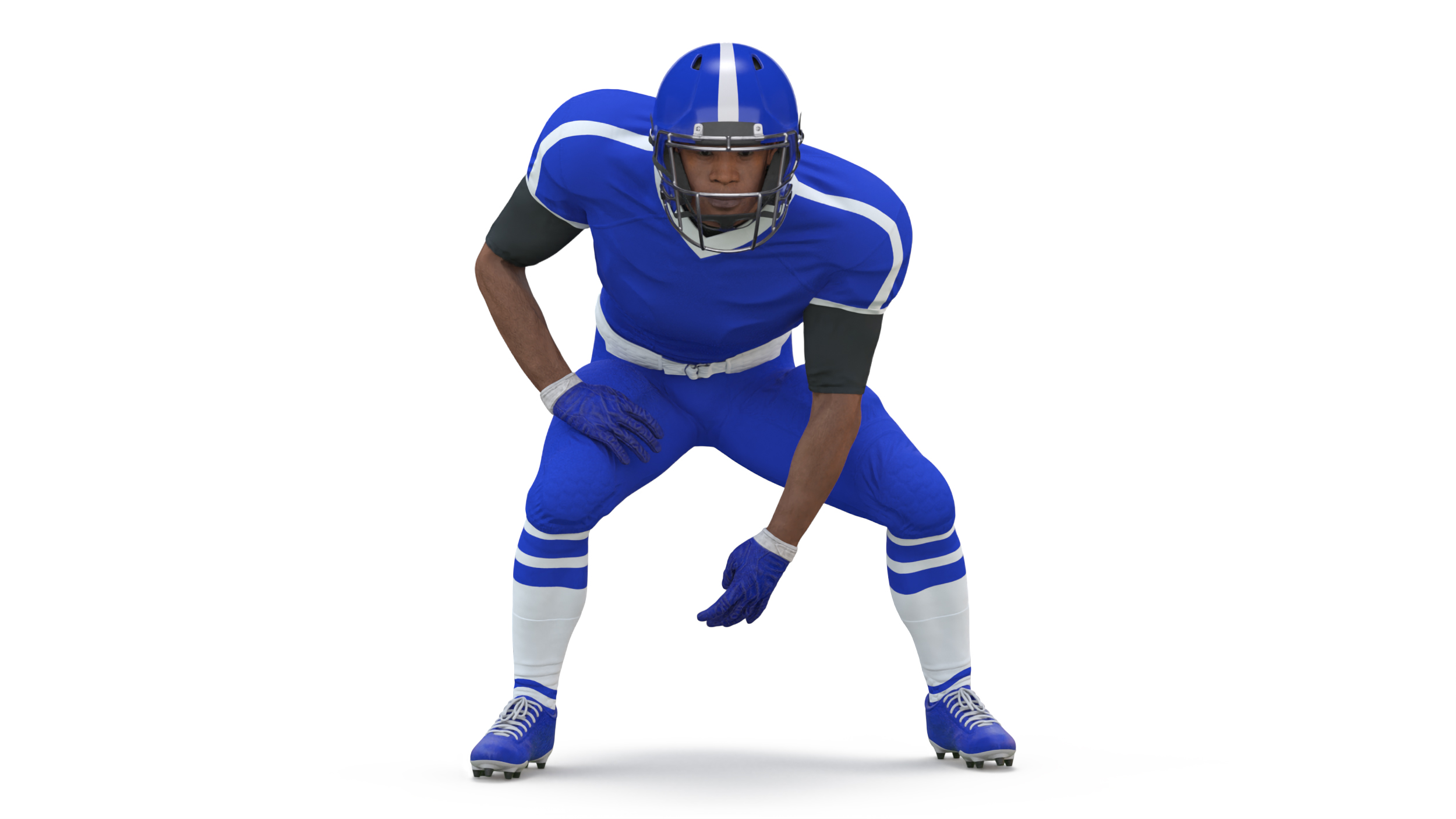 Black Man American Football Player Crouching Blue Uniform 3D