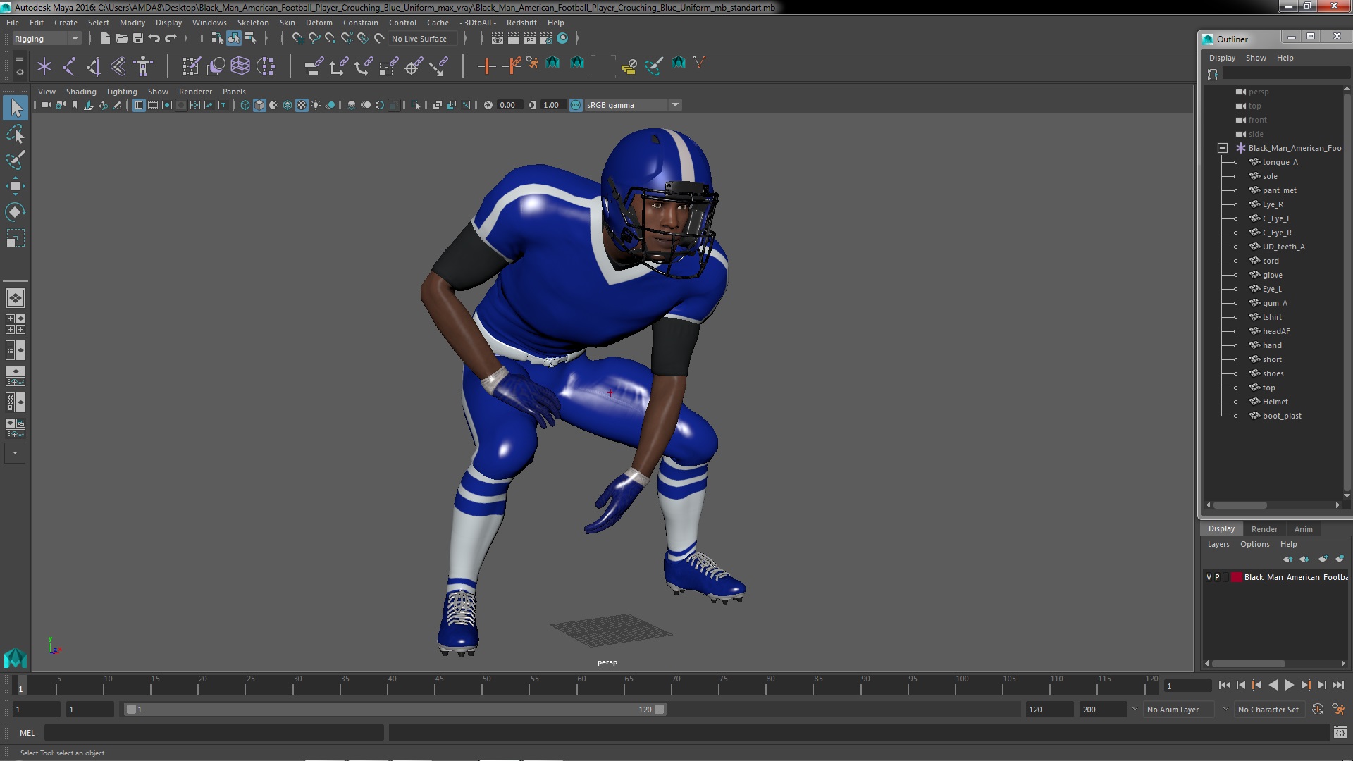 Black Man American Football Player Crouching Blue Uniform 3D