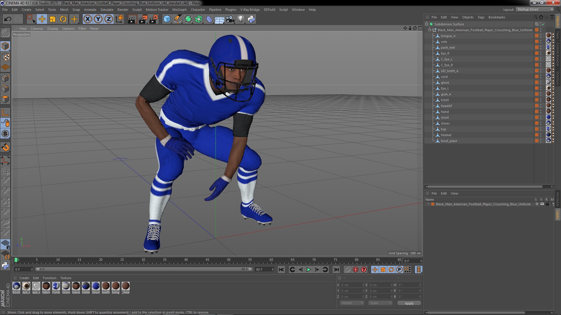 Black Man American Football Player Crouching Blue Uniform 3D