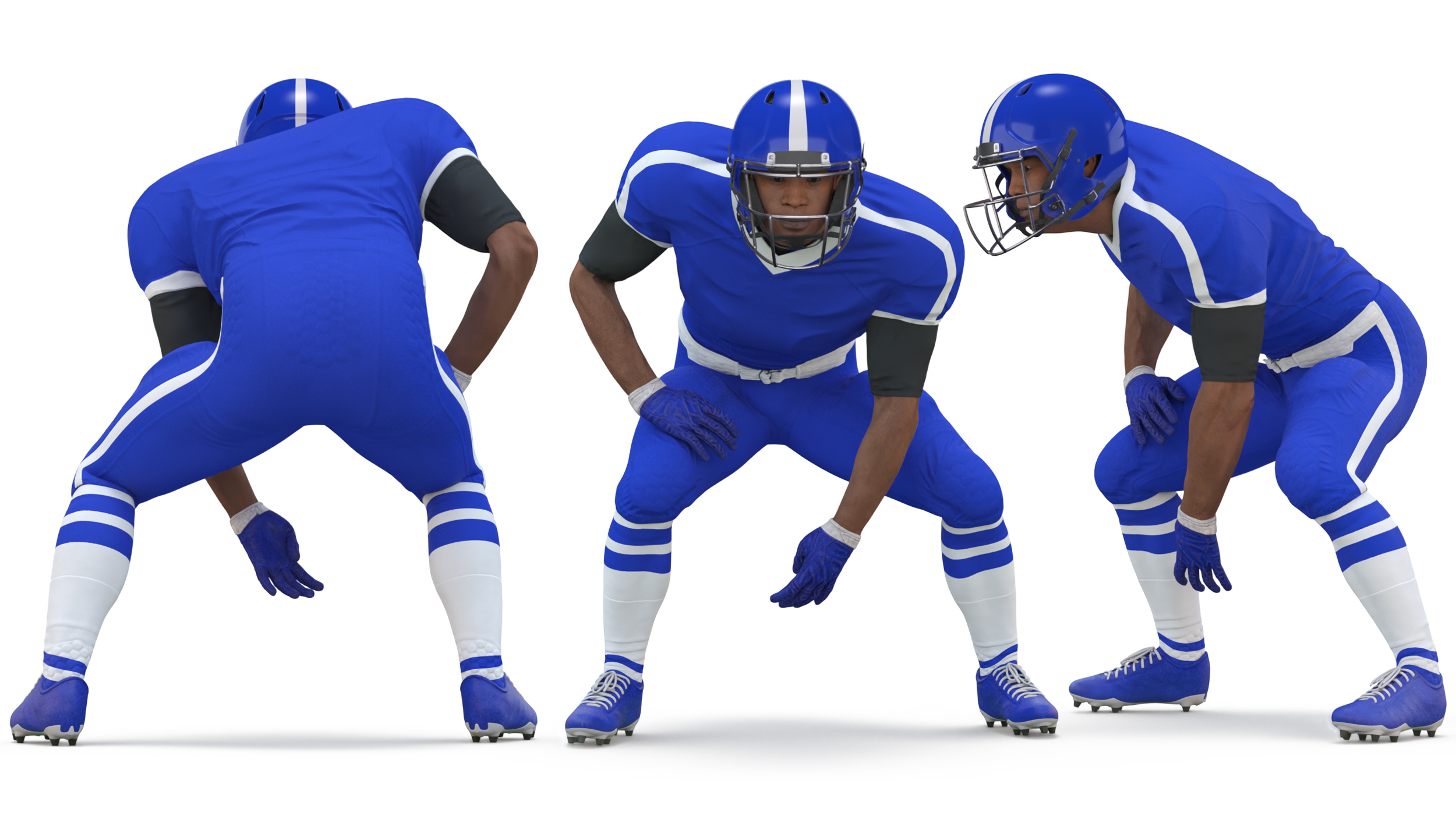 Black Man American Football Player Crouching Blue Uniform 3D