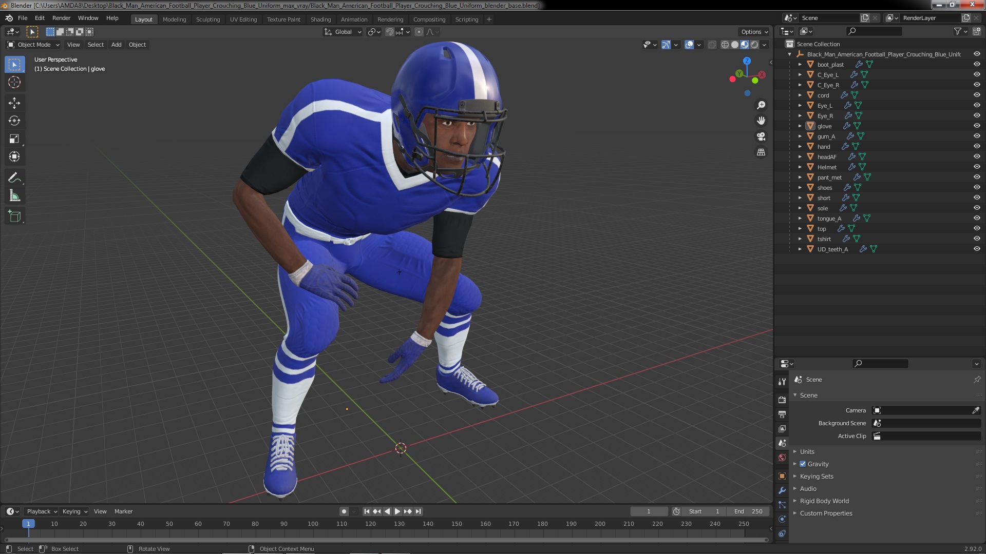 Black Man American Football Player Crouching Blue Uniform 3D
