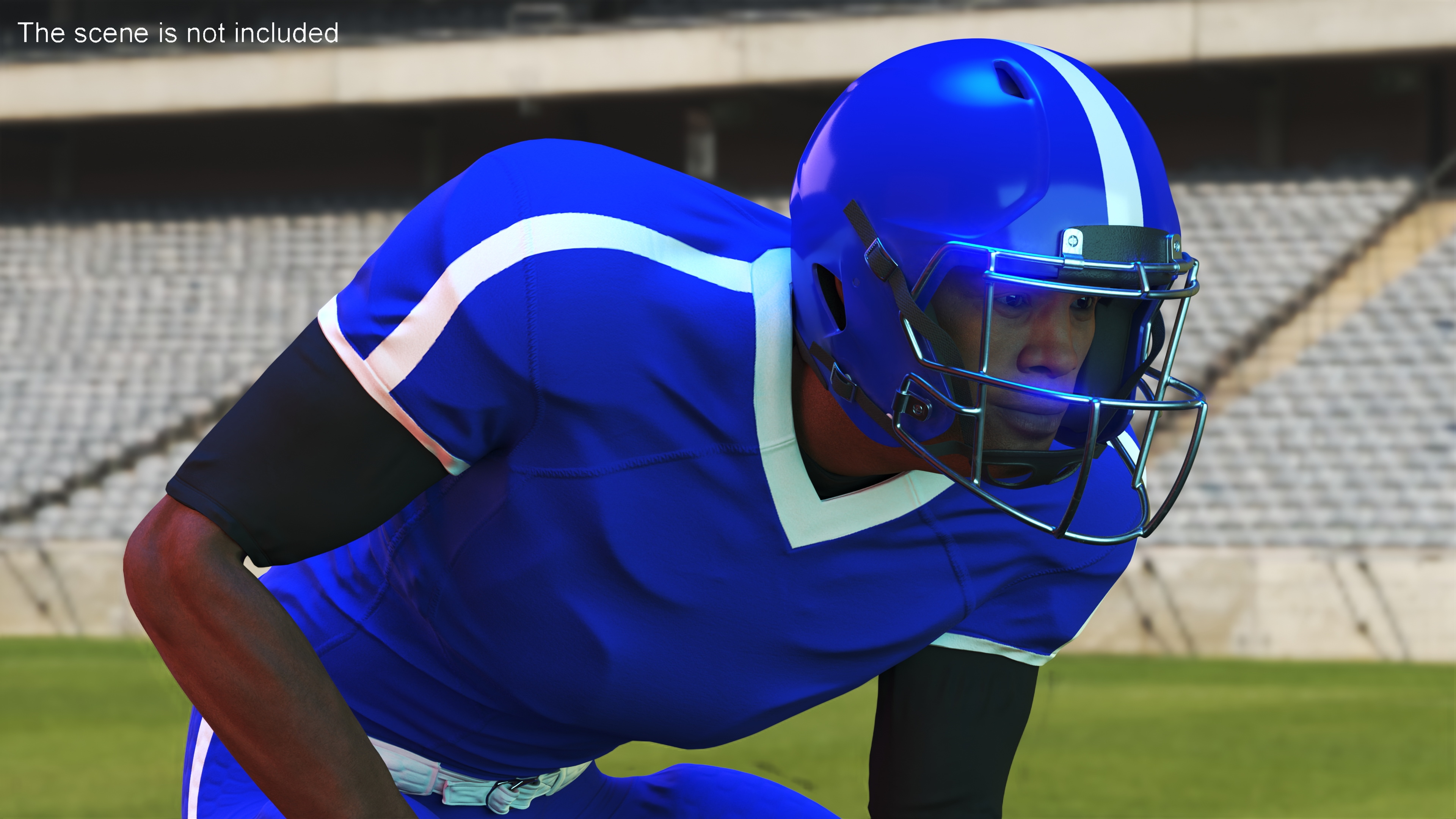 Black Man American Football Player Crouching Blue Uniform 3D