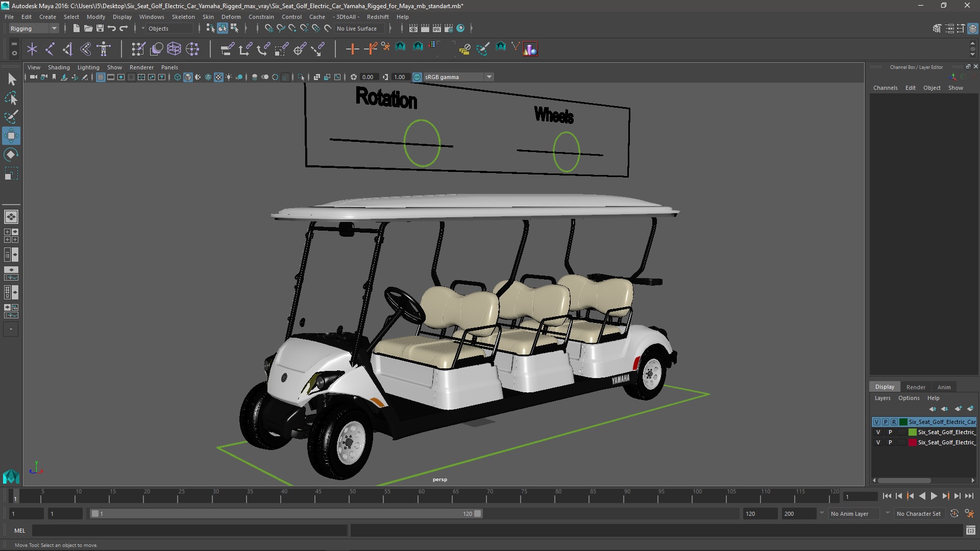 Six Seat Golf Electric Car Yamaha Rigged for Maya 3D model