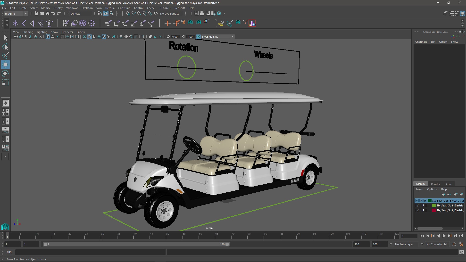 Six Seat Golf Electric Car Yamaha Rigged for Maya 3D model