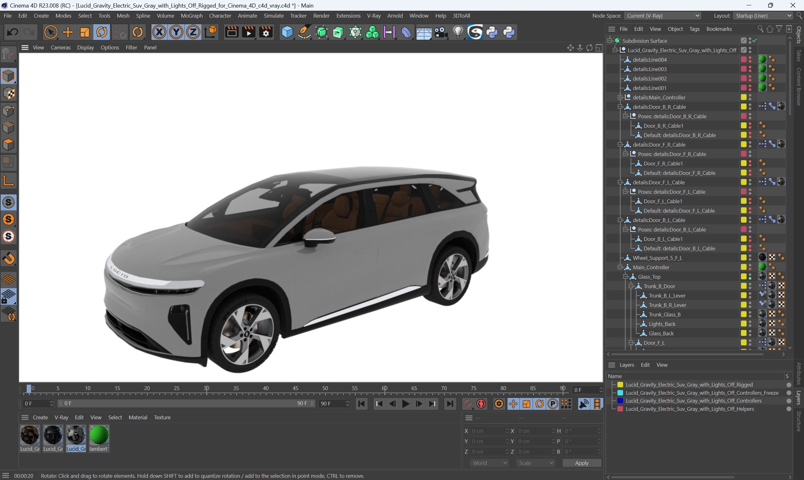 3D Lucid Gravity Electric Suv Gray with Lights Off Rigged for Cinema 4D model