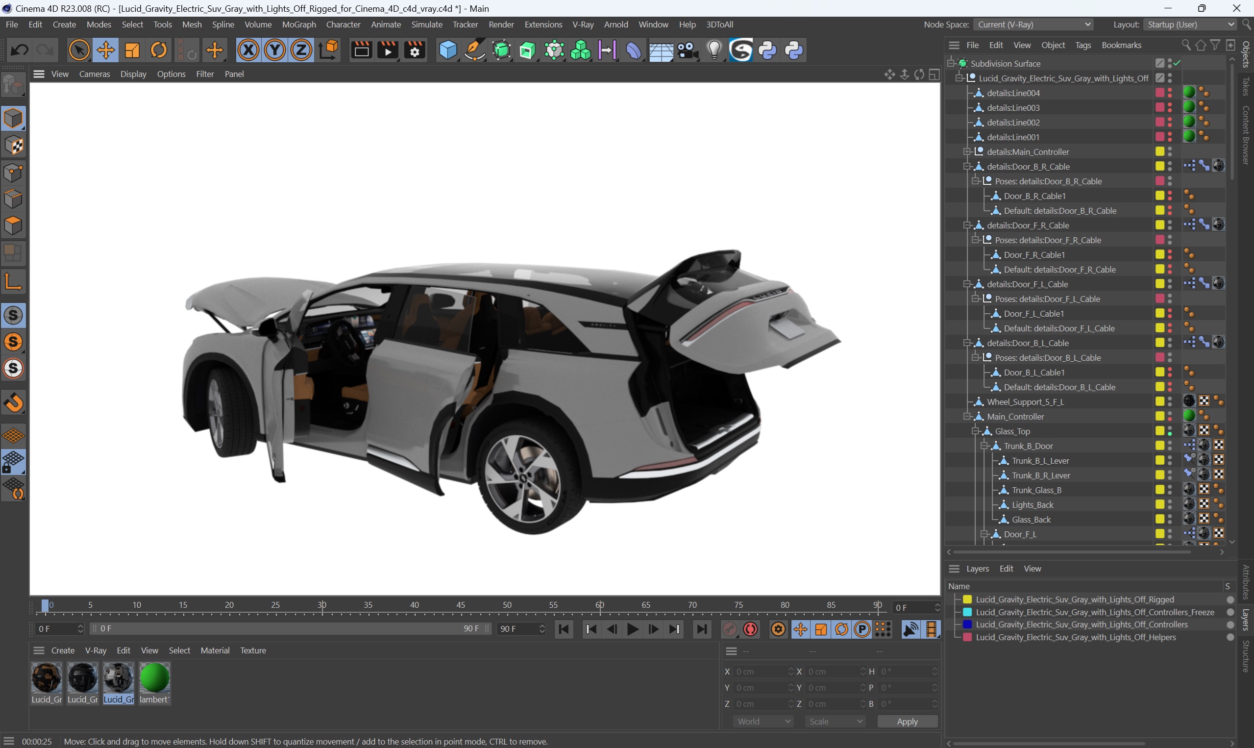 3D Lucid Gravity Electric Suv Gray with Lights Off Rigged for Cinema 4D model