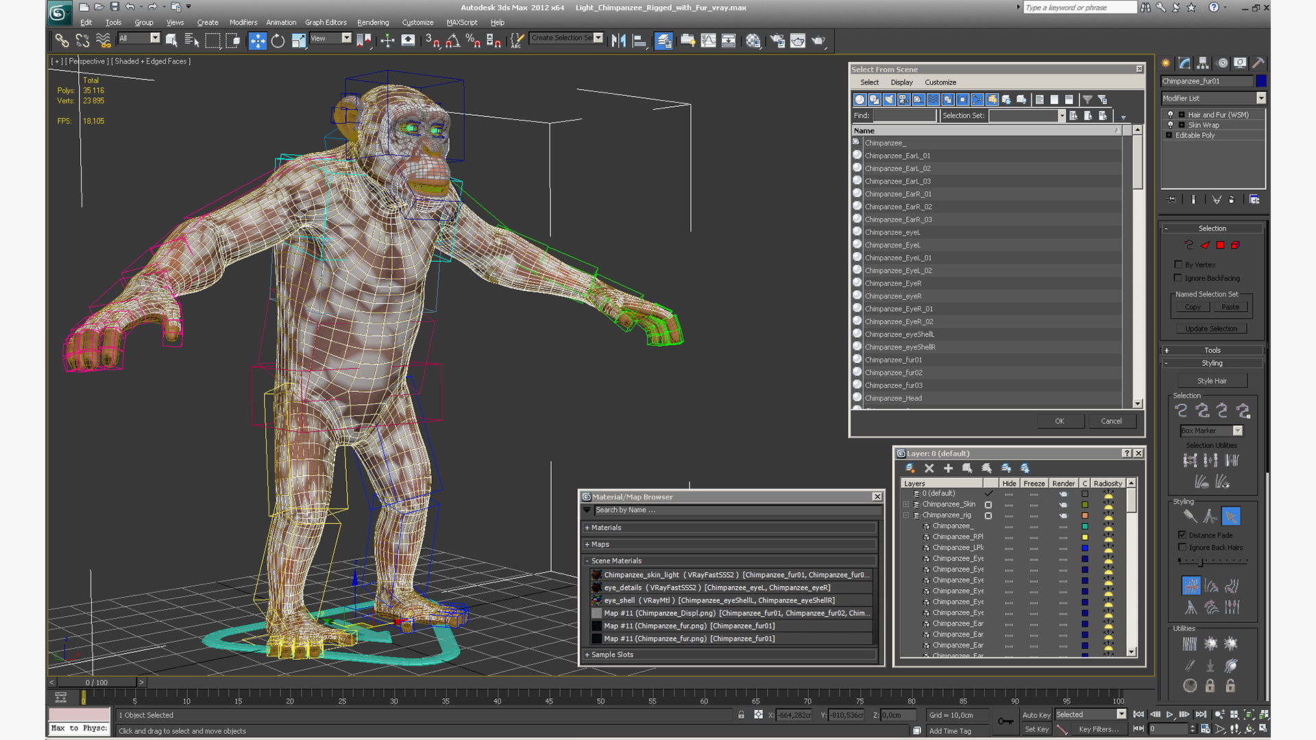 Light Chimpanzee Rigged with Fur 3D