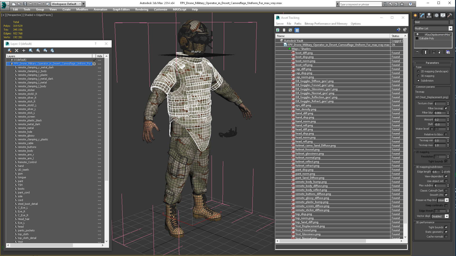 3D model FPV Drone Military Operator in Desert Camouflage Uniform Fur