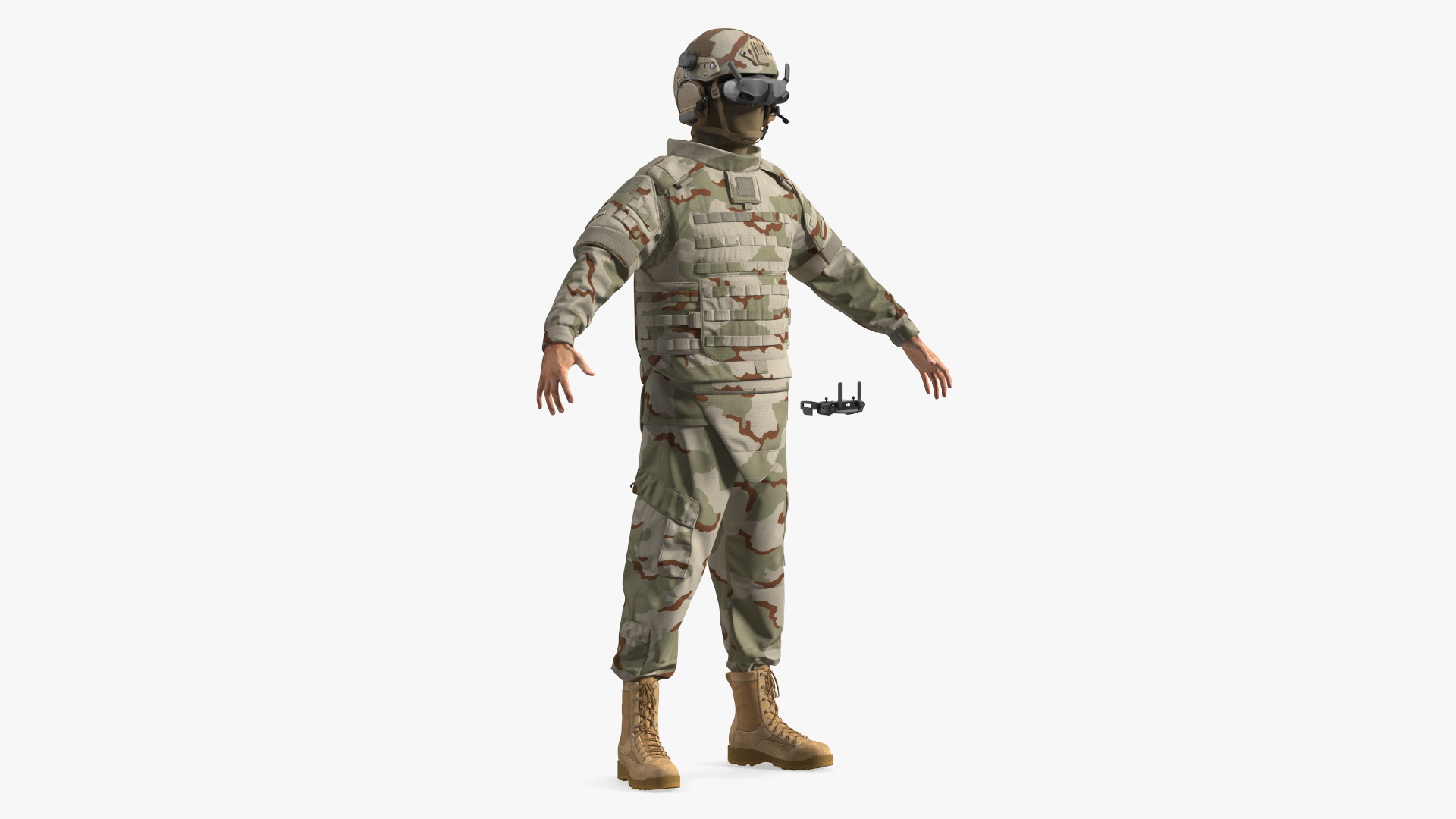 3D model FPV Drone Military Operator in Desert Camouflage Uniform Fur