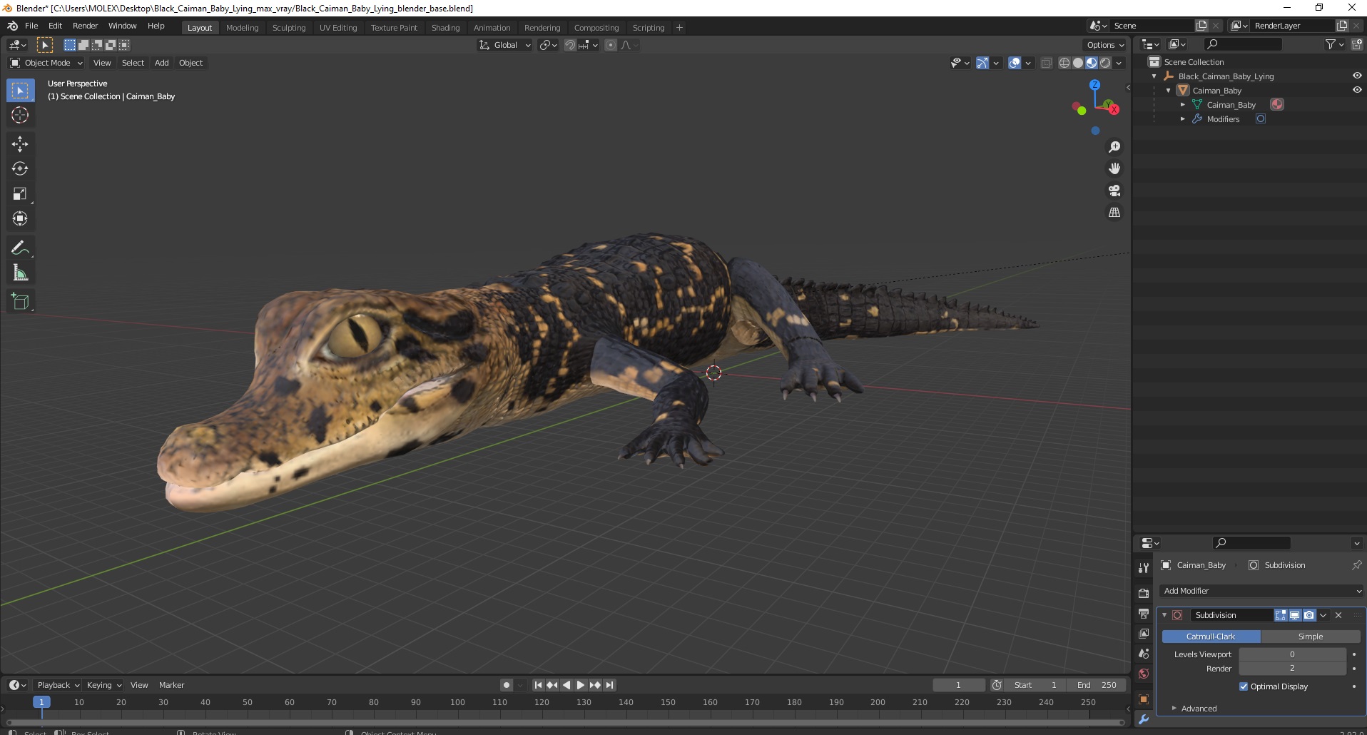 3D Black Caiman Baby Lying model