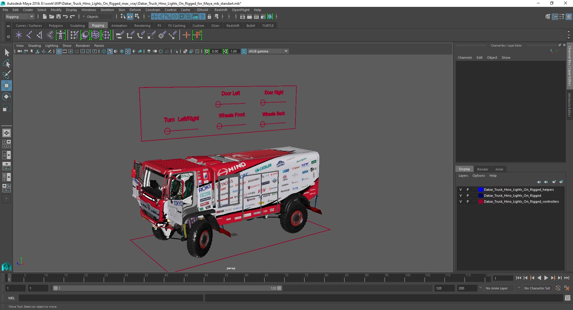Dakar Truck Hino Lights On Rigged for Maya 3D