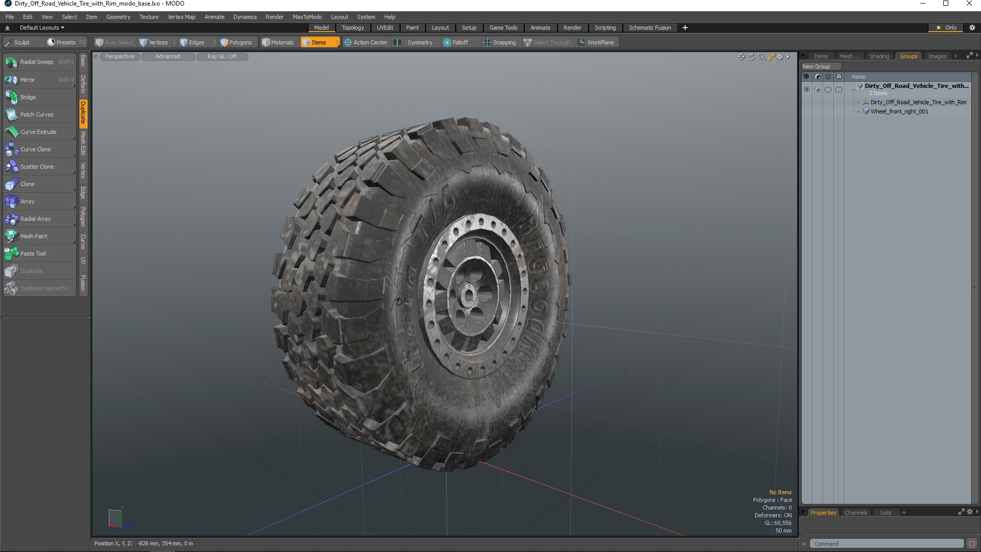 3D Dirty Off Road Vehicle Tire with Rim