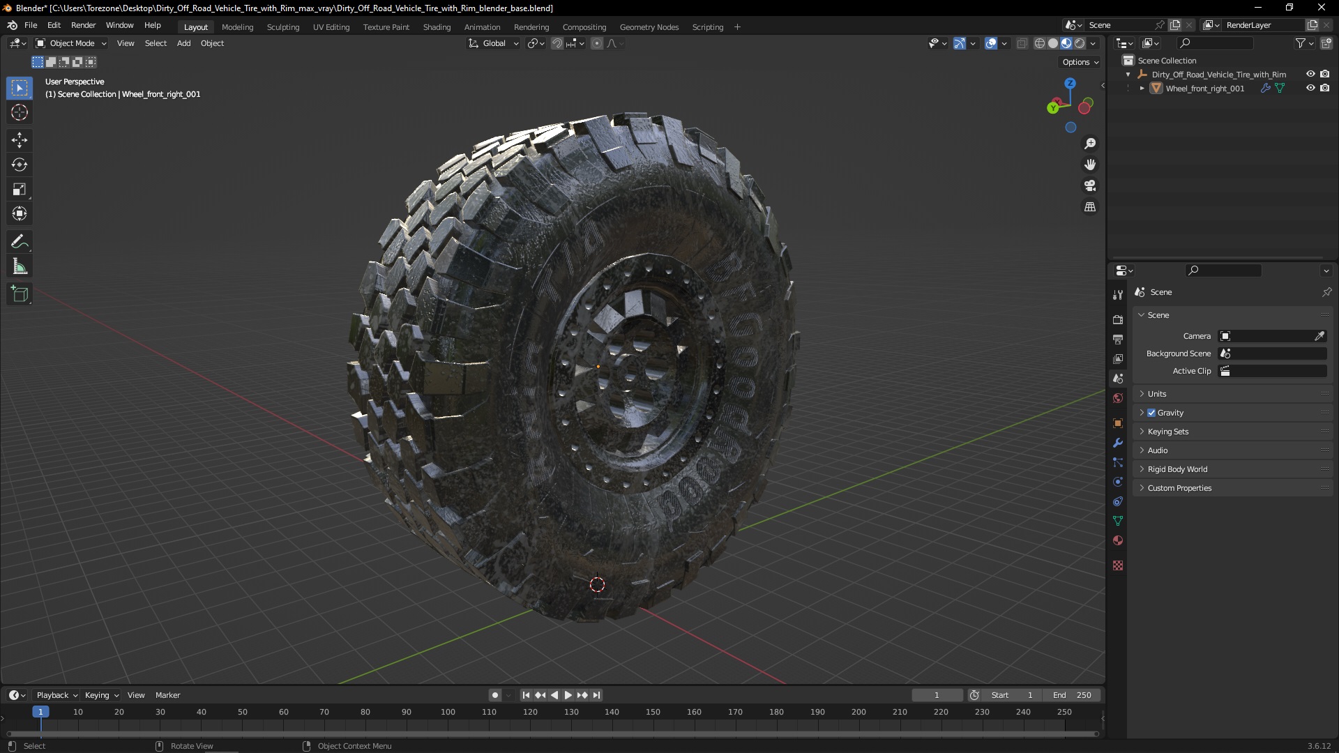 3D Dirty Off Road Vehicle Tire with Rim
