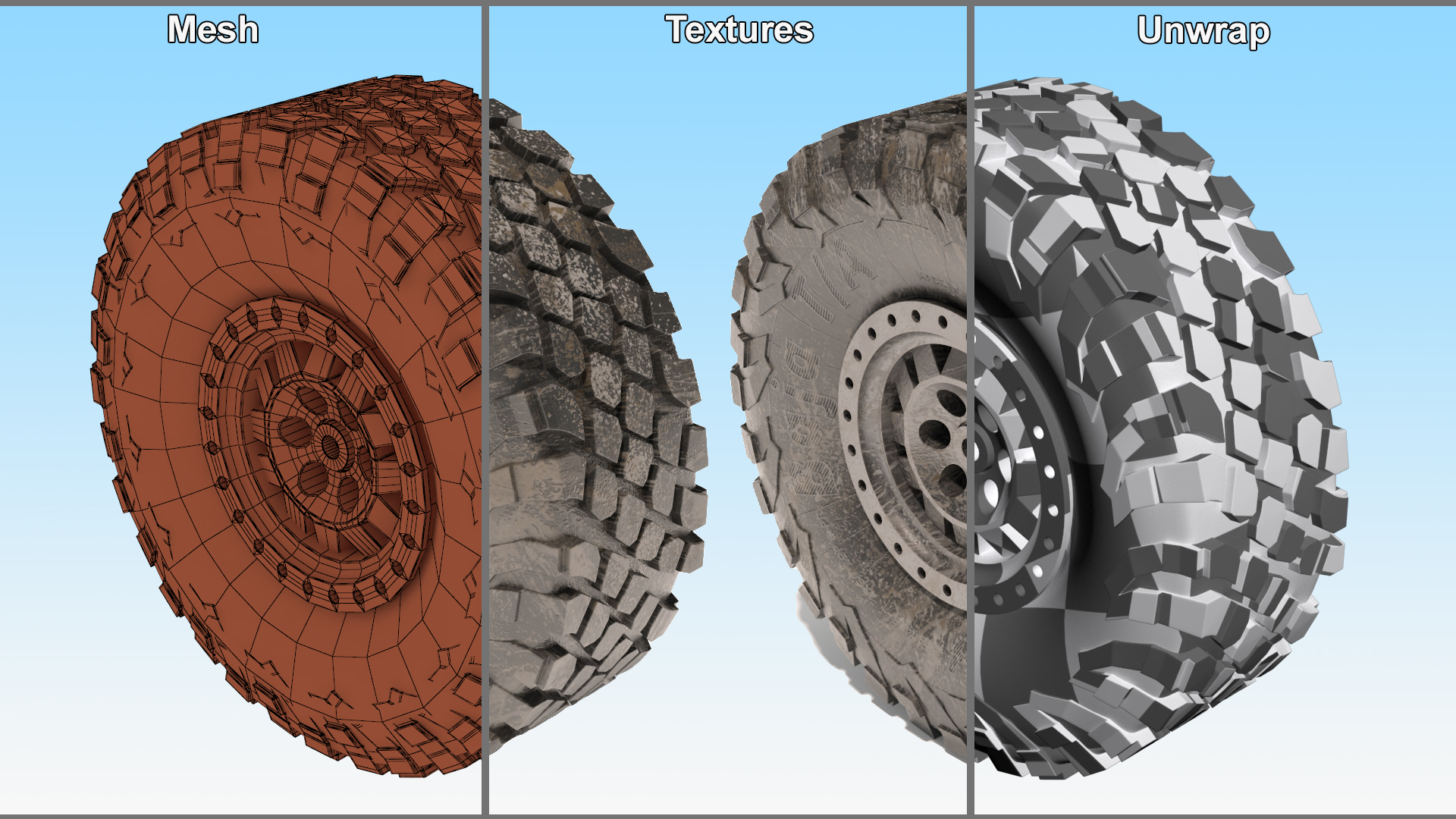3D Dirty Off Road Vehicle Tire with Rim