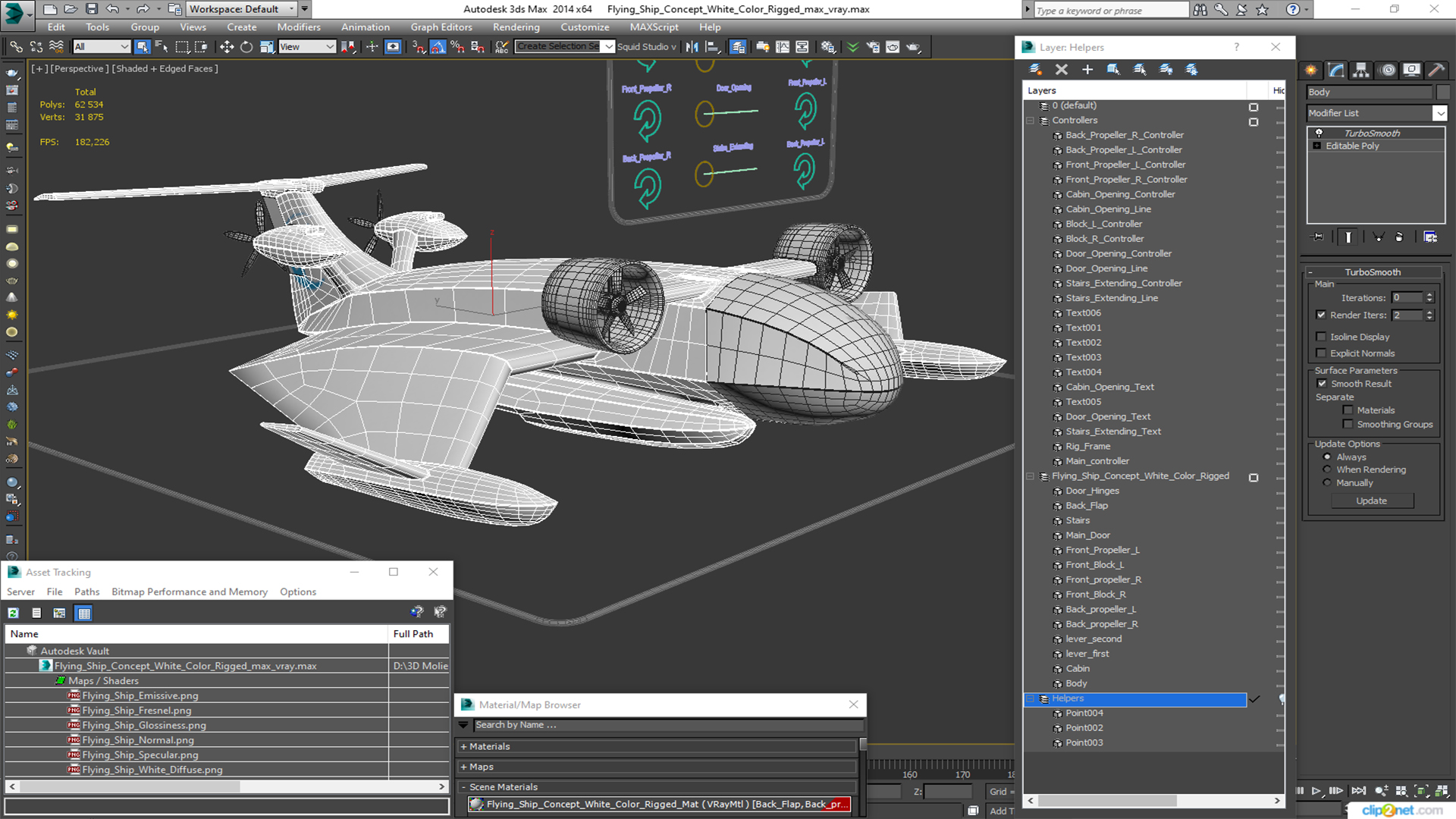 3D Flying Ship Concept White Color Rigged model