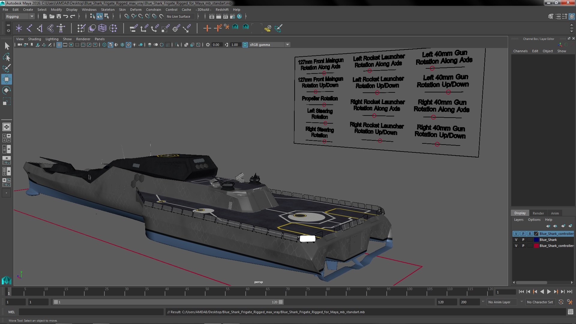 Blue Shark Frigate Rigged for Maya 3D model