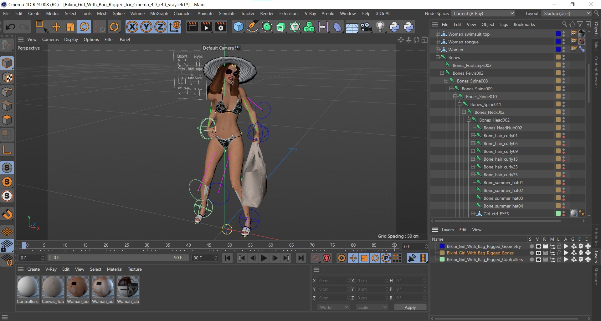 3D Bikini Girl With Bag Rigged for Cinema 4D