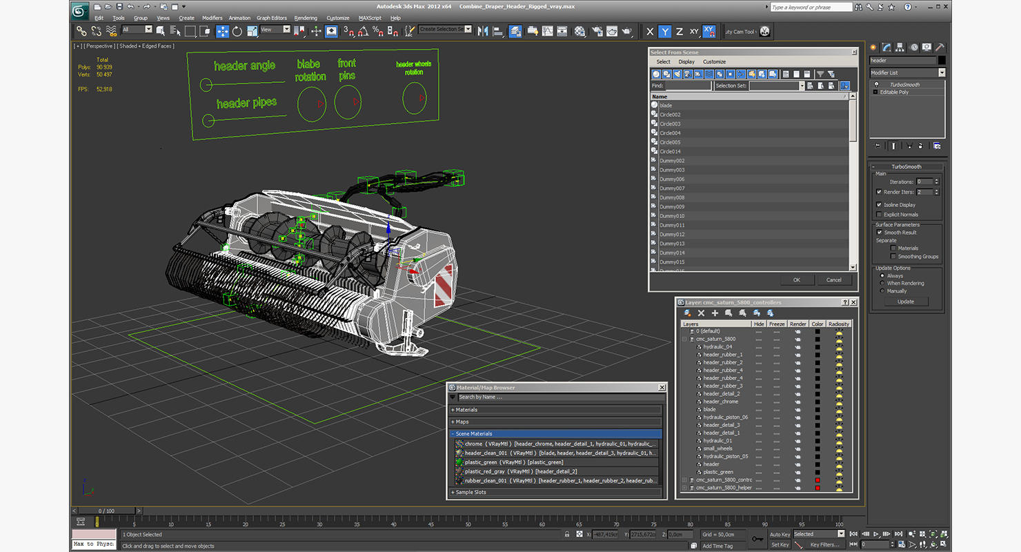 3D Combine Draper Header Rigged model