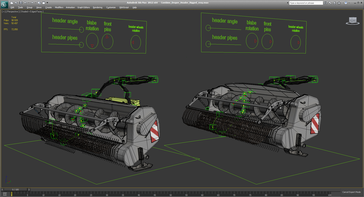 3D Combine Draper Header Rigged model