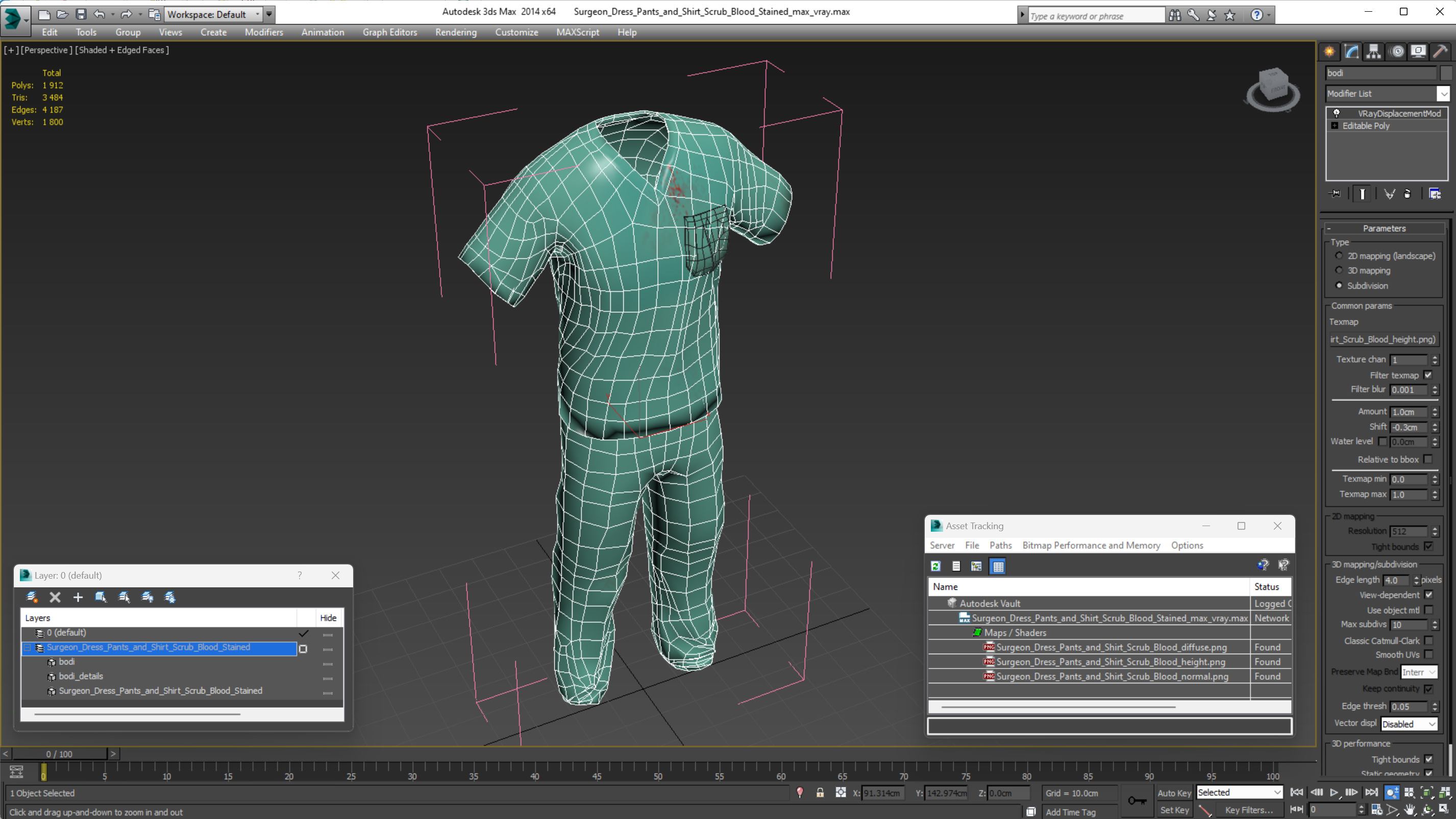 3D model Surgeon Green Scrubs Shirt Blood Stained