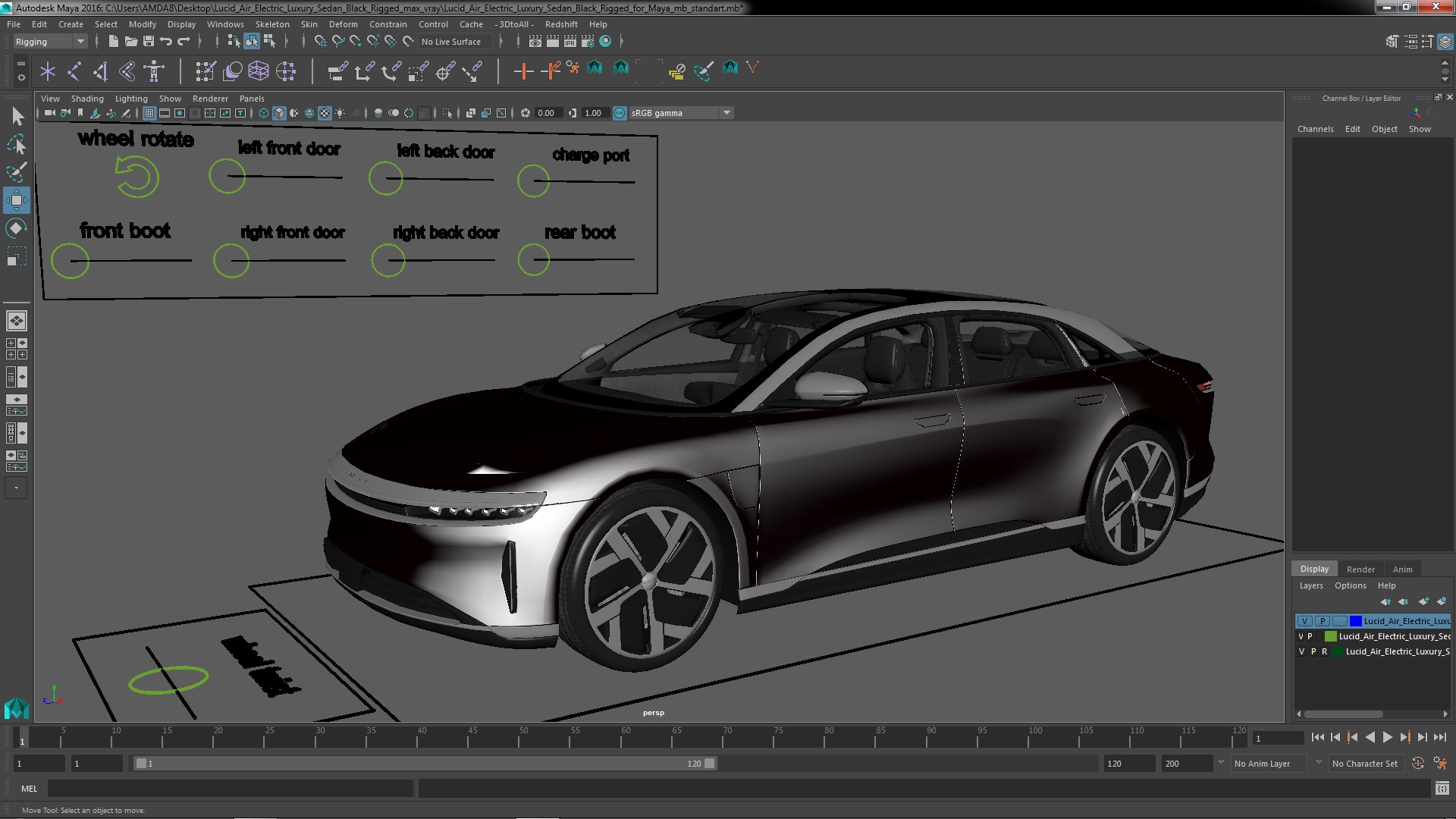 3D Lucid Air Electric Luxury Sedan Black Rigged for Maya model