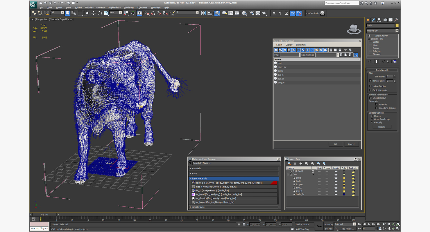 3D Holstein Cow with Fur