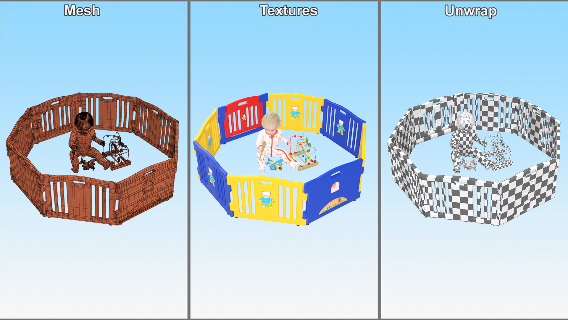 Little Girl in Playpen with Toys 3D