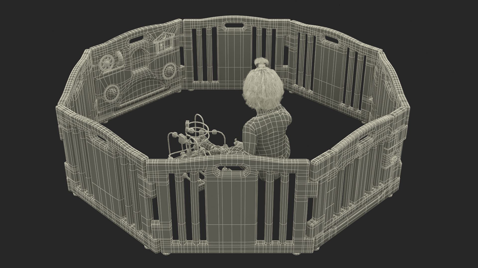 Little Girl in Playpen with Toys 3D