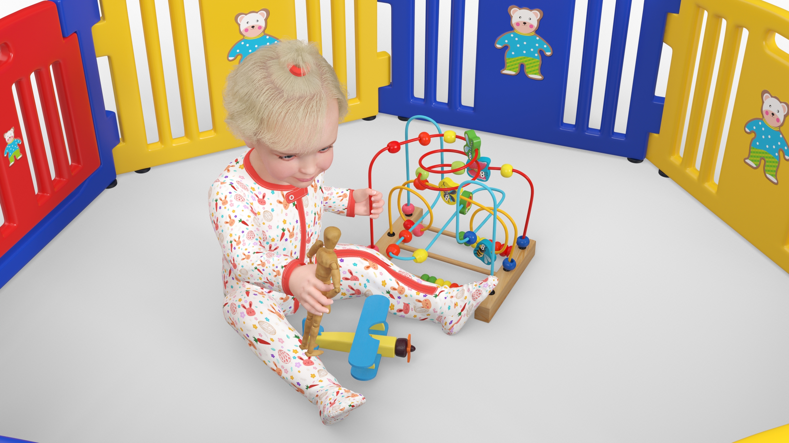 Little Girl in Playpen with Toys 3D