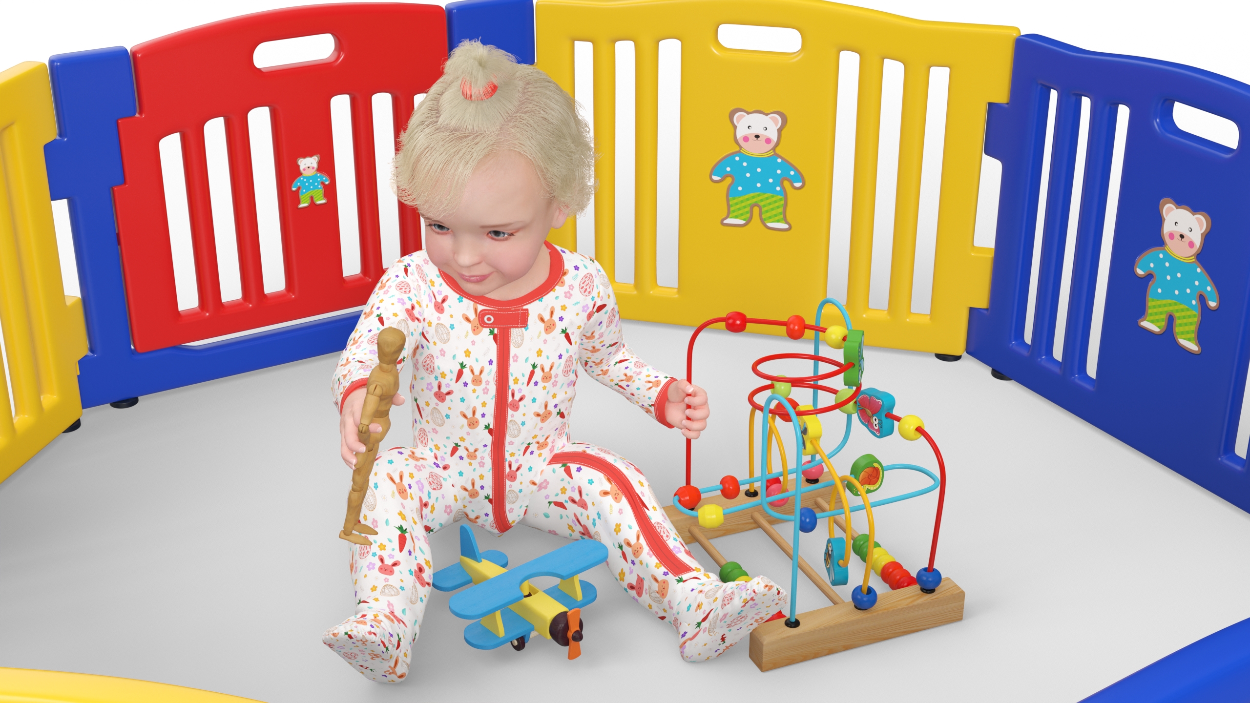 Little Girl in Playpen with Toys 3D