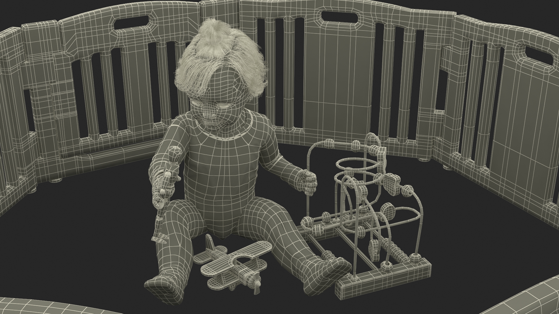 Little Girl in Playpen with Toys 3D