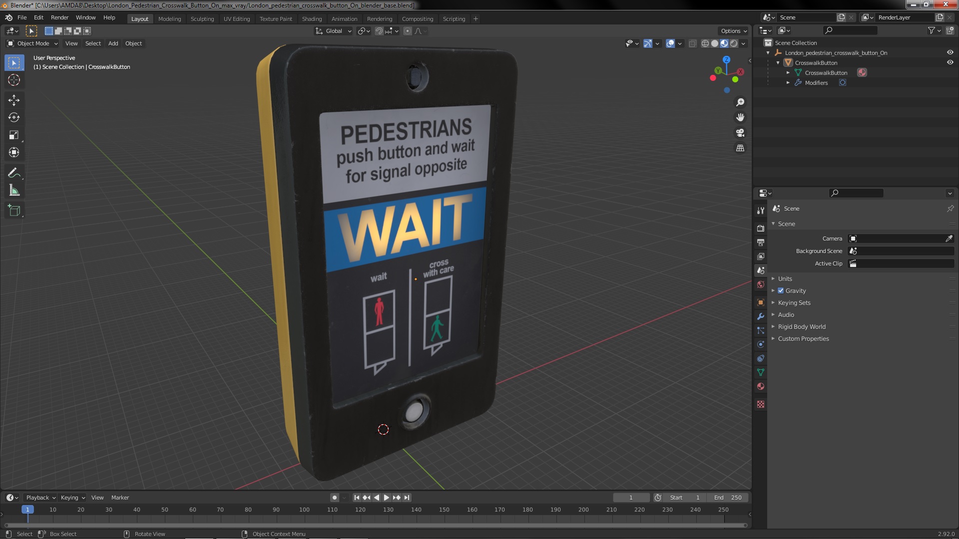 London pedestrian crosswalk button On 3D