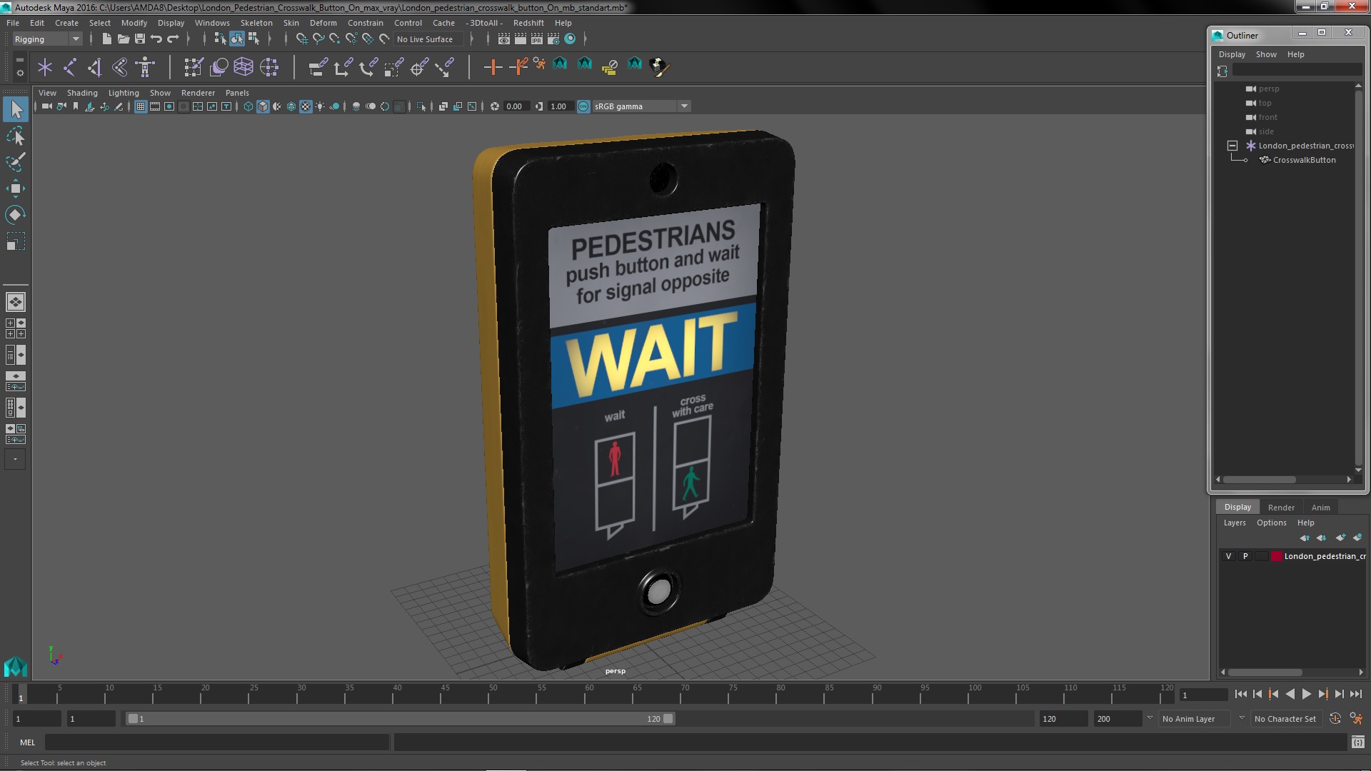 London pedestrian crosswalk button On 3D