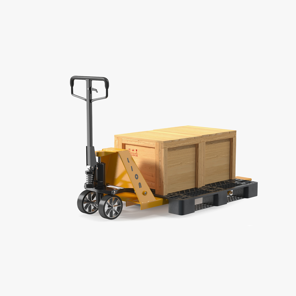 3D Lion Industrial Standard Duty Pallet Jack with Wooden Crates Rigged for Maya