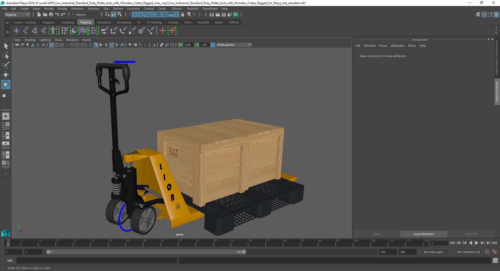 3D Lion Industrial Standard Duty Pallet Jack with Wooden Crates Rigged for Maya