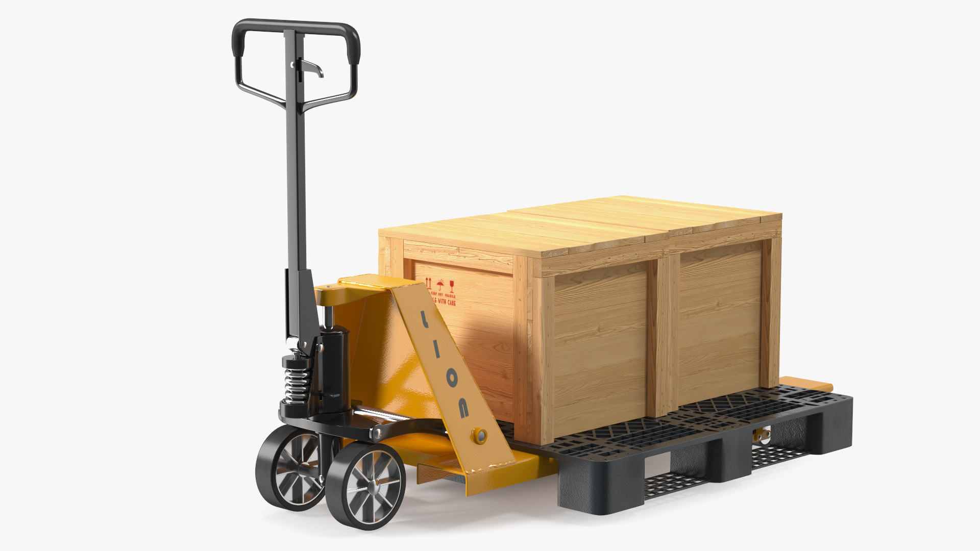 3D Lion Industrial Standard Duty Pallet Jack with Wooden Crates Rigged for Maya