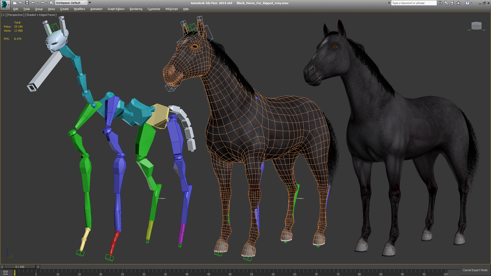 Black Horse Fur Rigged 3D