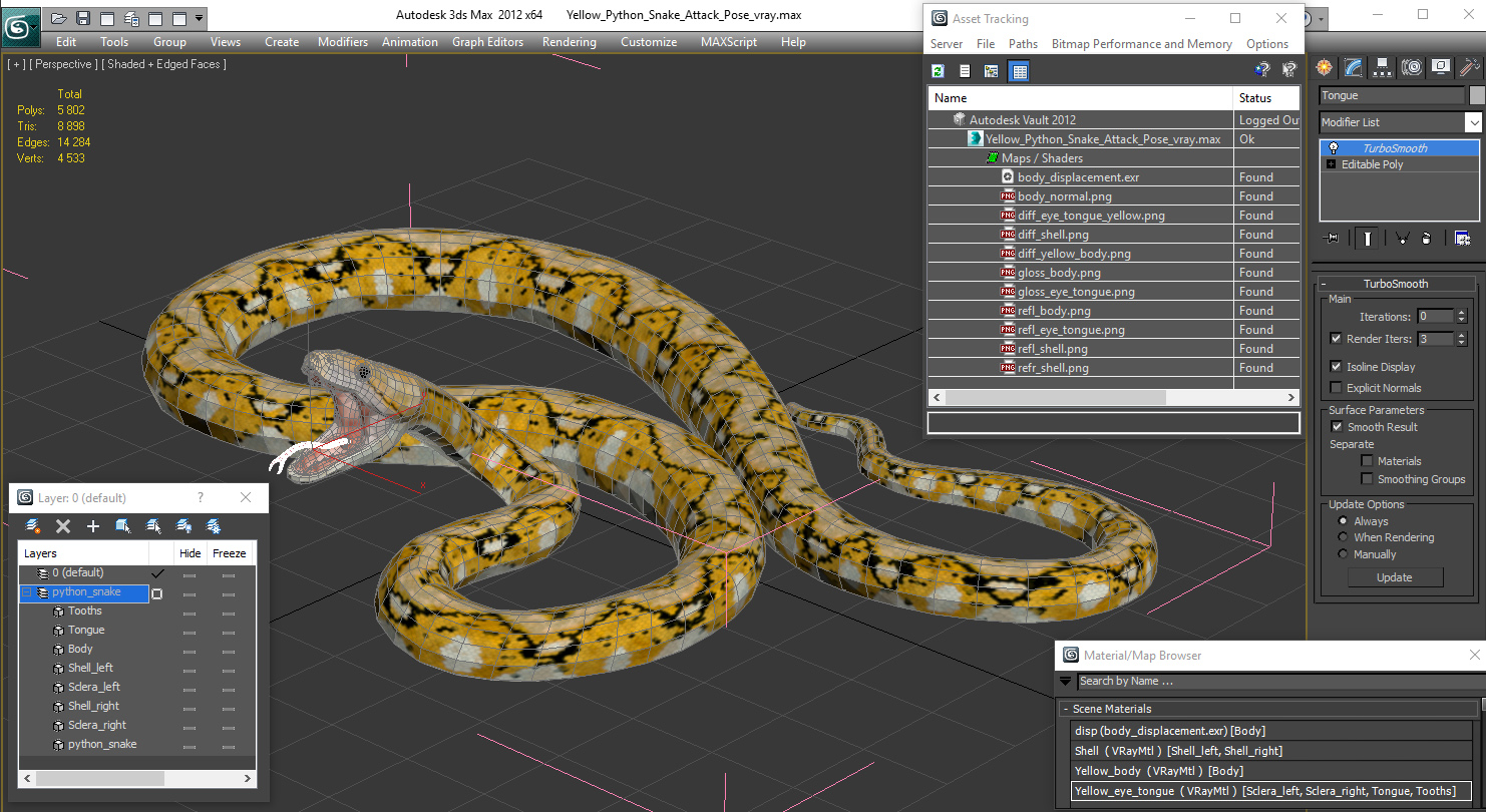 3D Yellow Python Snake Attack Pose