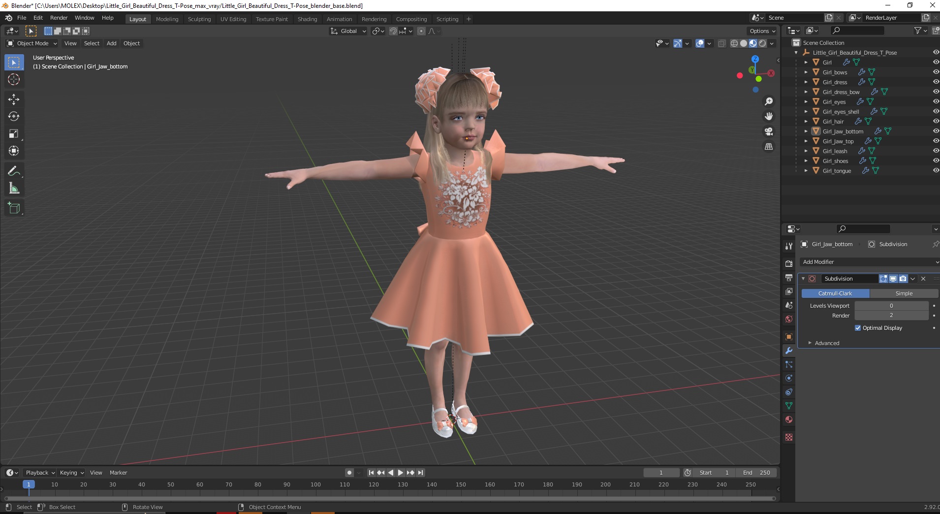 Little Girl Beautiful Dress T-Pose 3D model