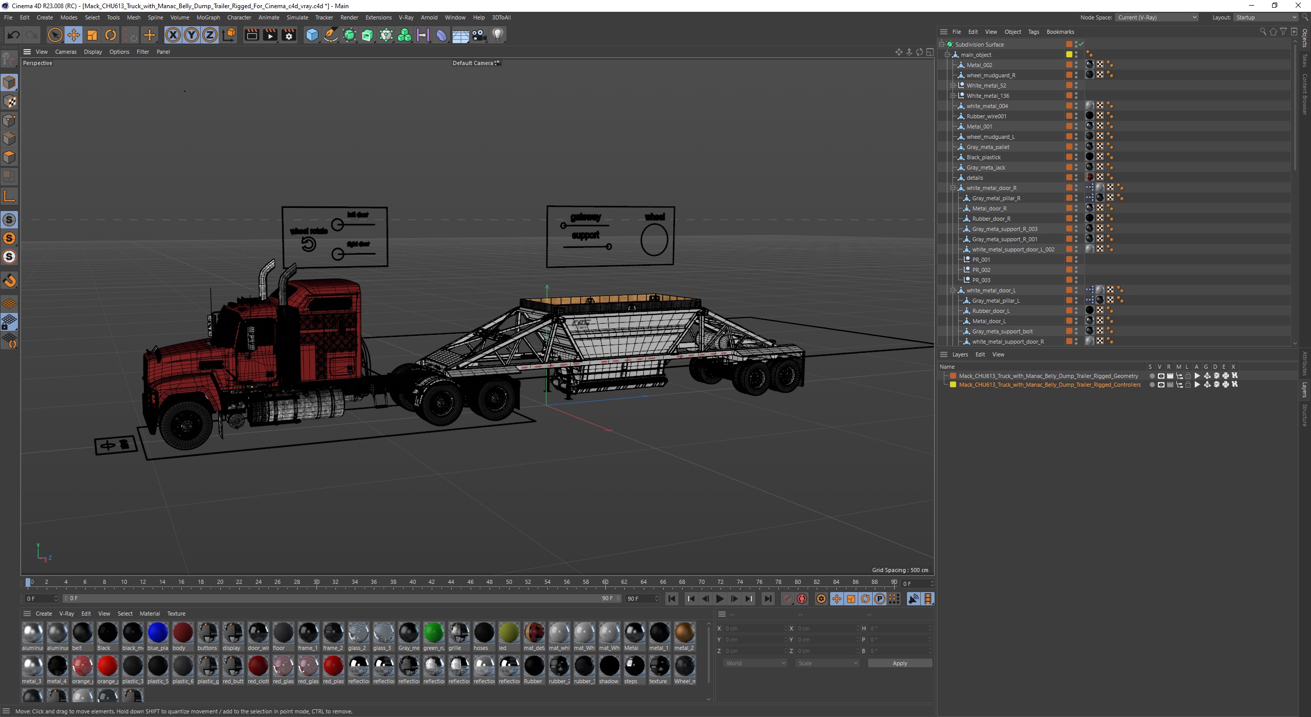 3D Mack CHU613 Truck with Manac Belly Dump Trailer Rigged for Cinema 4D model