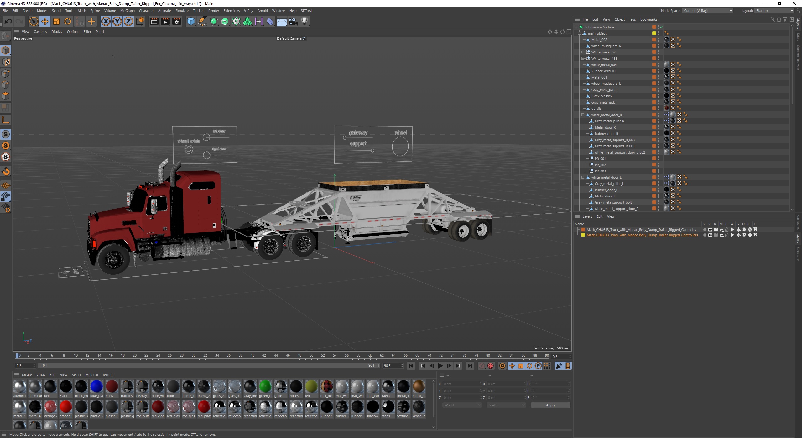3D Mack CHU613 Truck with Manac Belly Dump Trailer Rigged for Cinema 4D model