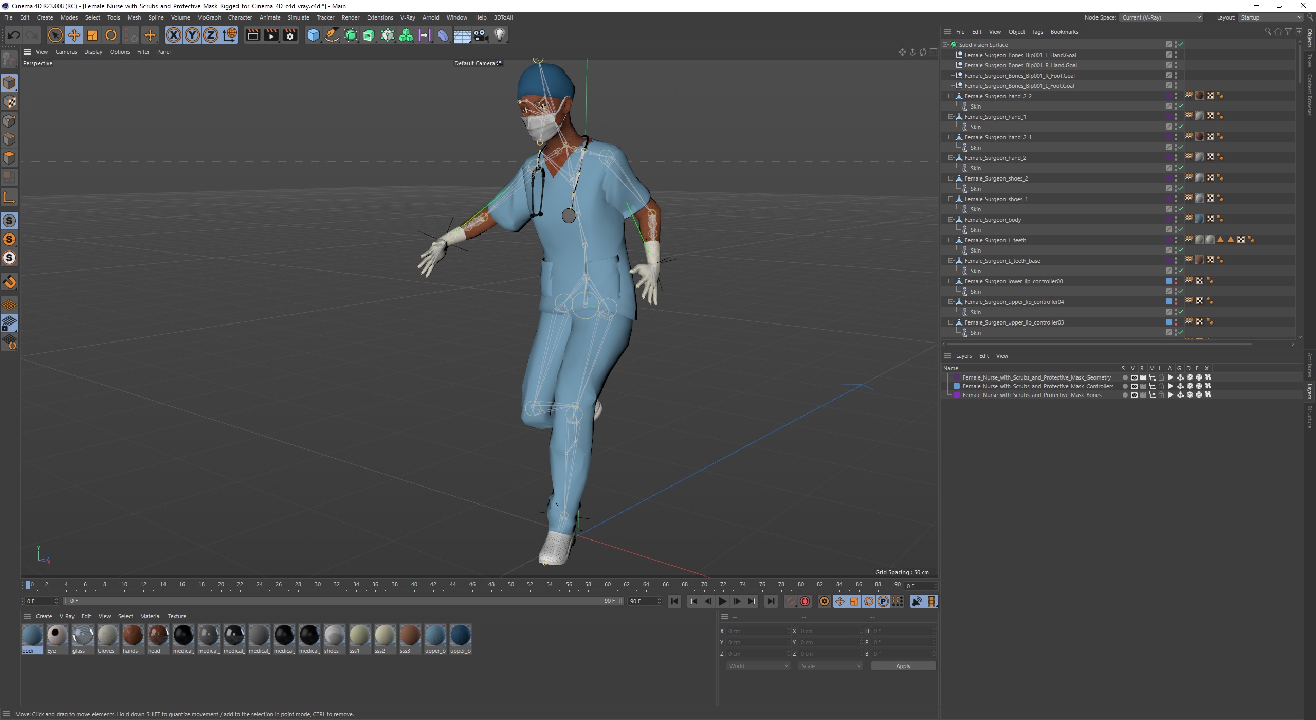 3D model Female Nurse with Scrubs and Protective Mask Rigged for Cinema 4D