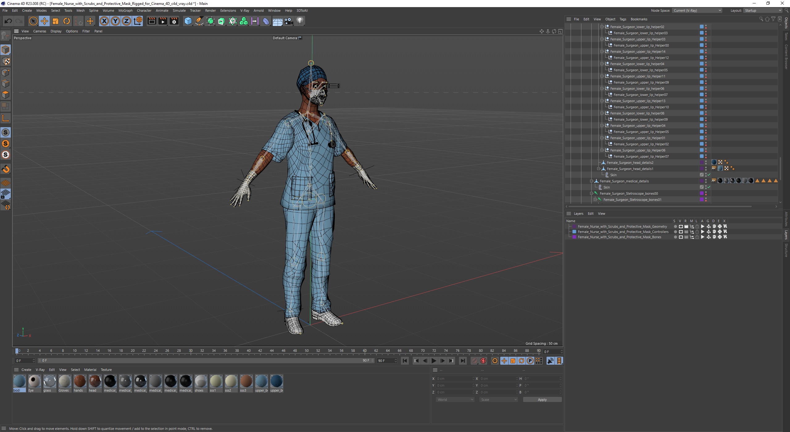 3D model Female Nurse with Scrubs and Protective Mask Rigged for Cinema 4D