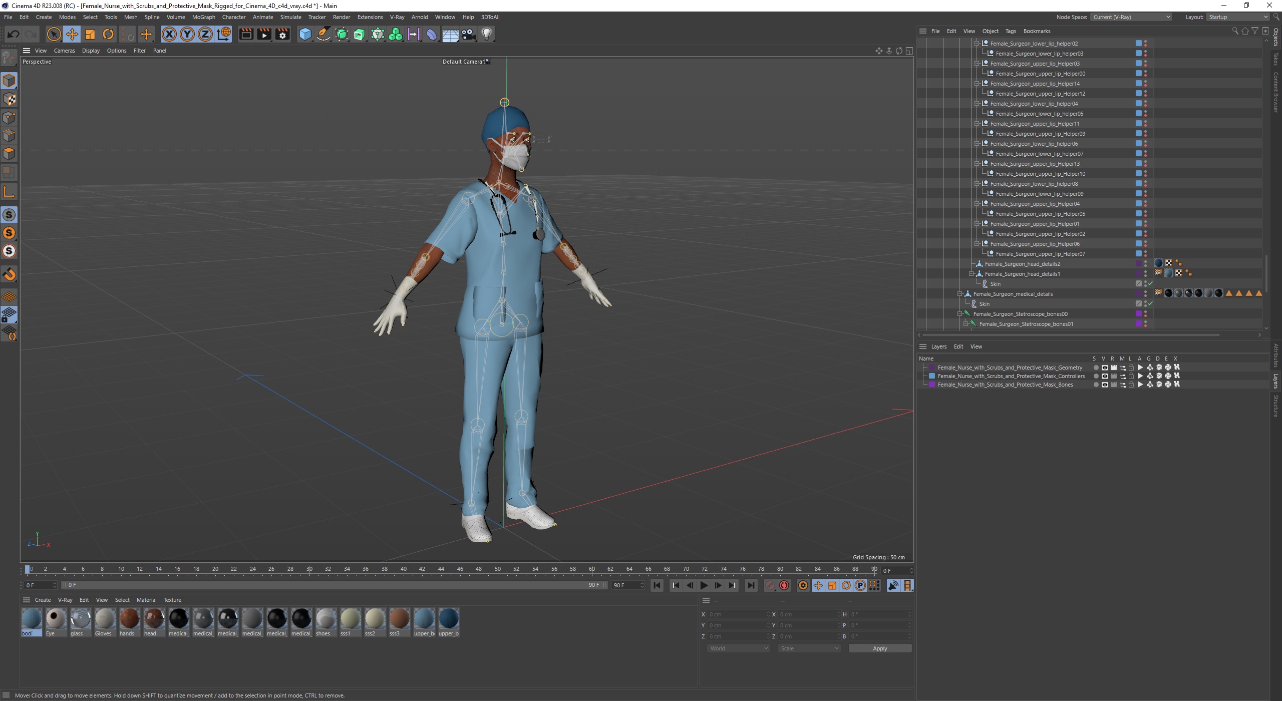 3D model Female Nurse with Scrubs and Protective Mask Rigged for Cinema 4D