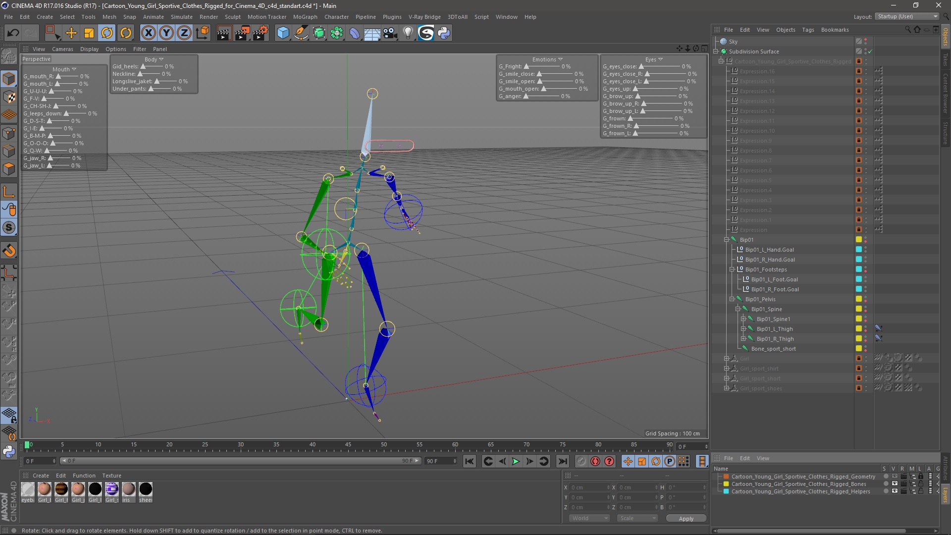 3D Cartoon Young Girl Sportive Clothes Rigged for Cinema 4D