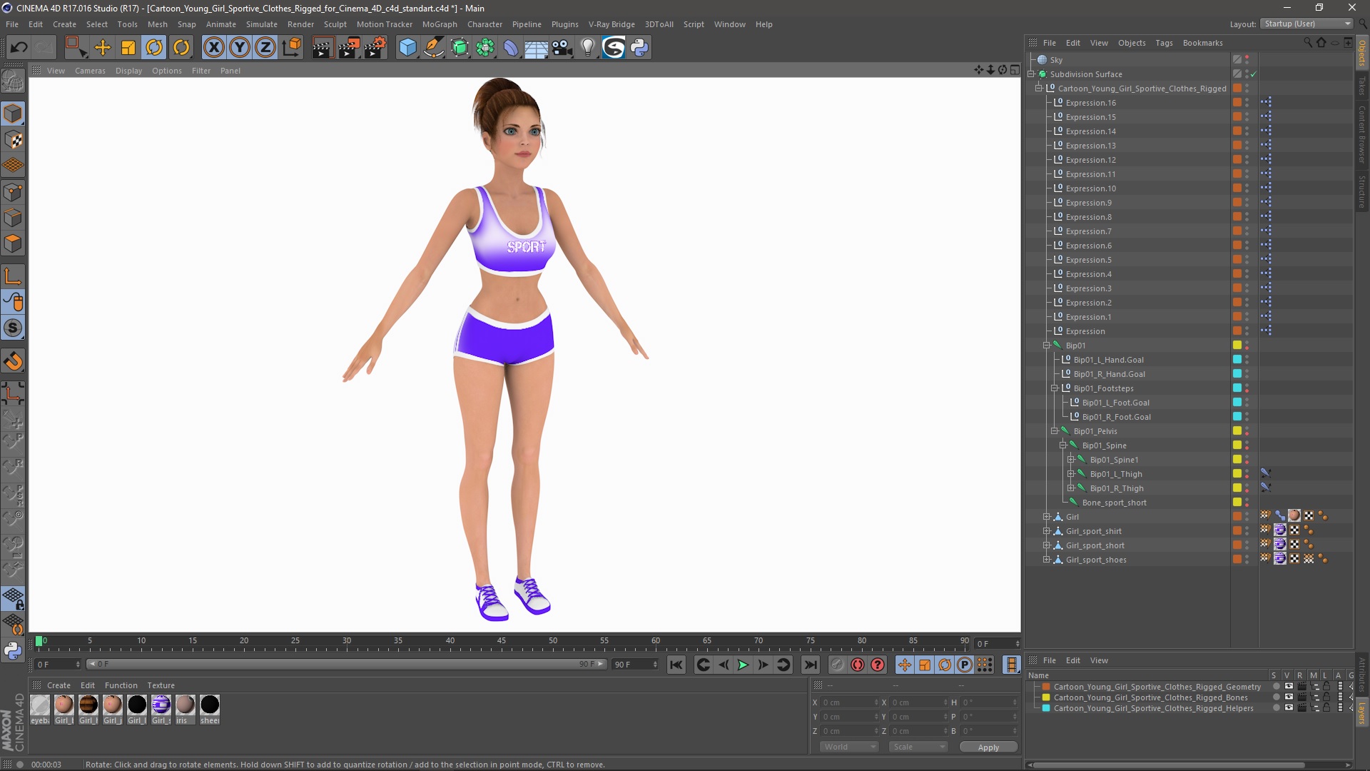 3D Cartoon Young Girl Sportive Clothes Rigged for Cinema 4D