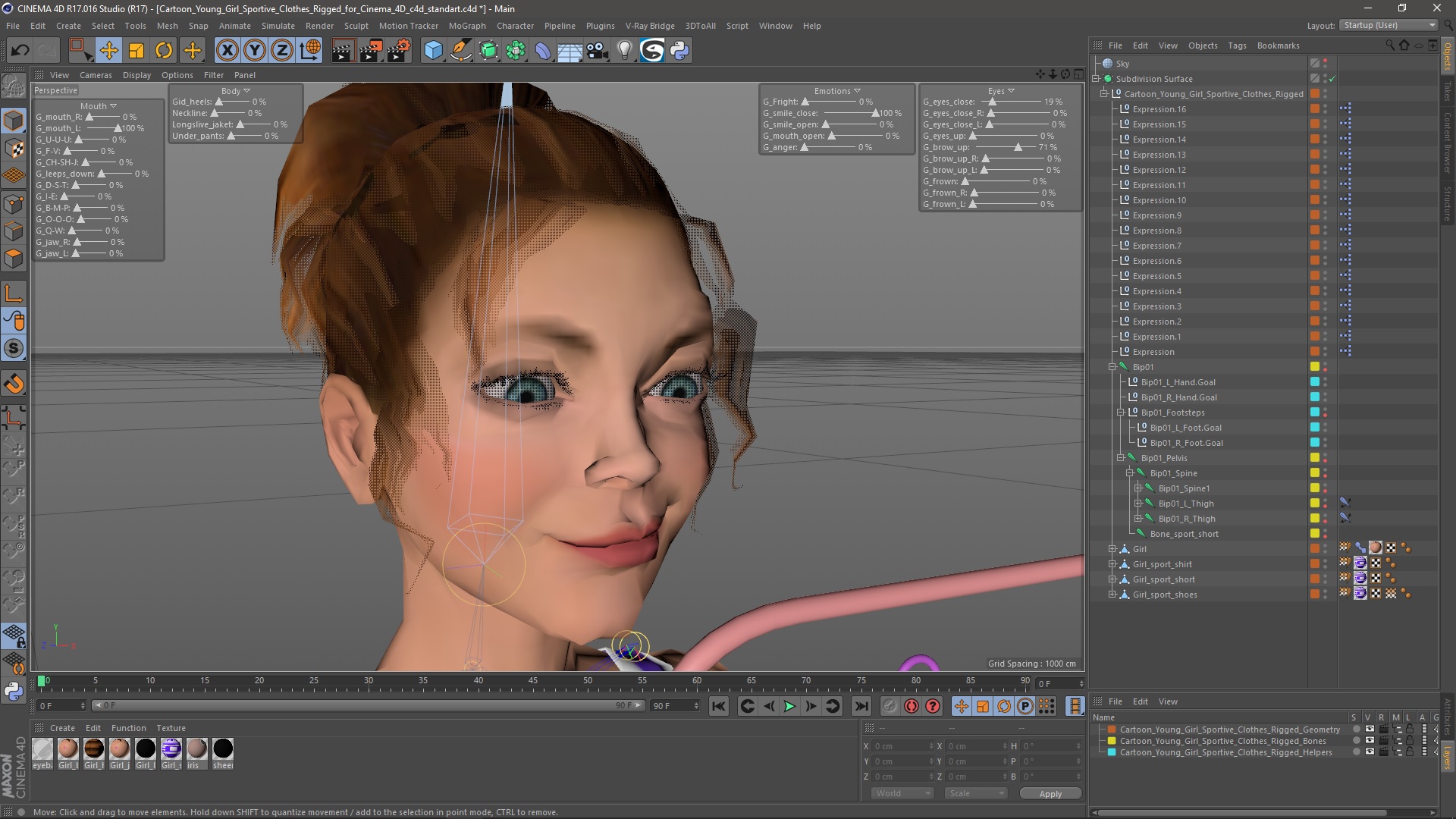 3D Cartoon Young Girl Sportive Clothes Rigged for Cinema 4D